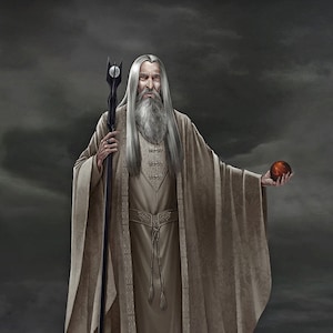 Handmade oil painting on cotton canvas on demand, rolled stretched or framed, Fantasy - Saruman with staff and Palantir portrait 3 fan art