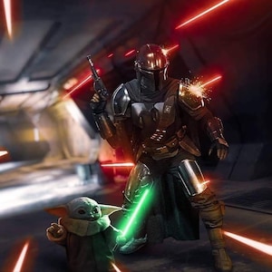 Handmade oil painting on cotton canvas on demand, rolled stretched or framed, Sci Fi - The hunter Greeny laser saber fan art wall artwork