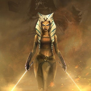 Handmade oil painting on cotton canvas on demand, rolled stretched or framed, Sci Fi - Orange girl laser saber Evil Master fan art wall art