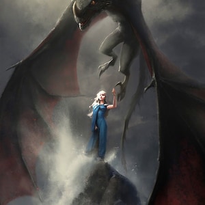 Handmade oil painting on cotton canvas on demand, rolled stretched or framed, Game of Thrones-Daenerys Targaryen with dragons 1 wall fanart
