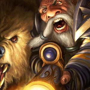 Handmade oil painting on cotton canvas on demand, rolled stretched or framed, World of Warcraft - Dwarf hunter bear pet WoW wall art fanart
