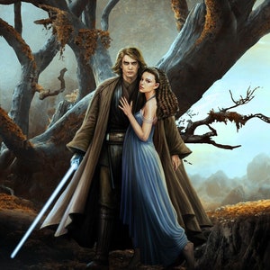 Handmade oil painting on cotton canvas on demand, rolled stretched or framed, Sci Fi - Anakin Skywalker Padme Amidala fan art 1 wall artwork