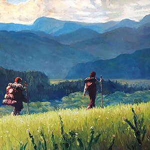 Handmade oil painting on cotton canvas on demand, rolled stretched or framed, Fantasy - Two half men leaving village Shire wall art fan art