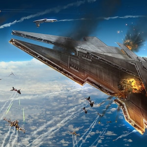 Handmade oil painting on cotton canvas on demand, rolled stretched or framed, Sci Fi -Venator-class Star Destroyer burning down wall fan art