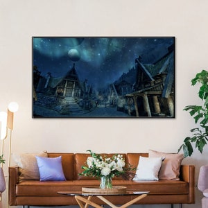 Handmade Skyrim Oil Painting: Night Landscape Fan Art