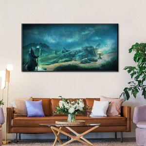 Handmade Skyrim Oil Painting on Canvas: Night Landscape Fan Art