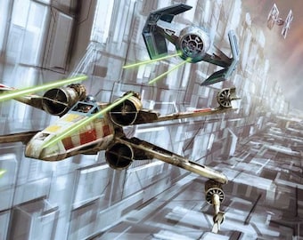 Handmade oil painting on cotton canvas on demand, rolled stretched or framed,Sci Fi - Lucas Skymaster X starship and T spaceship Deathstar