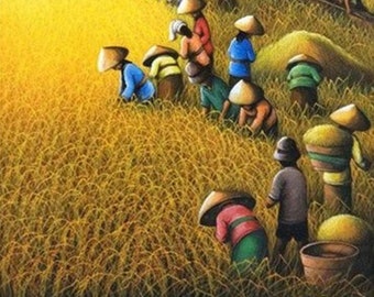 Handmade oil painting on cotton canvas on demand, rolled stretched or framed, Vietnam - Farmers working in field 14 Vietnamese wall artwork