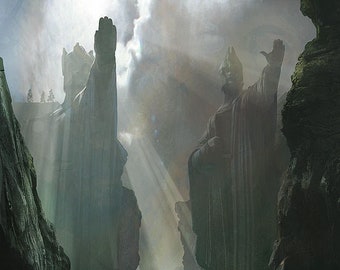 Handmade oil painting on cotton canvas on demand, rolled stretched or framed, Fantasy-Half-Men navigate through Argonath fanart wall artwork