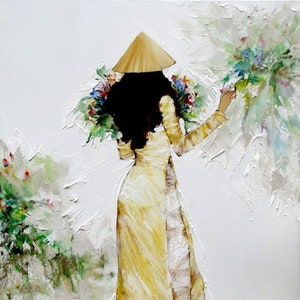 Handmade oil painting on cotton canvas on demand, rolled stretched or framed, Vietnam-Vietnamese Lady in Traditional Dress Ao Dai 2 wall art