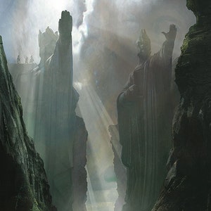 Handmade oil painting on cotton canvas on demand, rolled stretched or framed, Fantasy-Half-Men navigate through Argonath fanart wall artwork