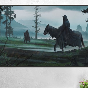 Handmade oil painting on cotton canvas on demand, rolled stretched or framed, Fantasy-Black knight rider on horse in village 2 fan art Shire