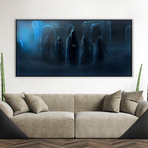 Handmade oil painting on cotton canvas on demand, rolled stretched or framed, Fantasy - Five Black knights riders on hill at night fan art