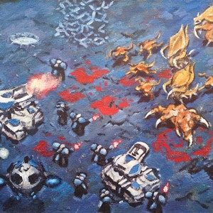 Handmade oil painting on cotton canvas on demand, rolled stretched or framed, Video Games - Starcraft Terran versus Zerg 2 wall art fan art