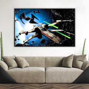 Handmade oil painting on cotton canvas on demand, rolled stretched or framed, Sci Fi - X vs T starships fan art wall artwork Wing starships