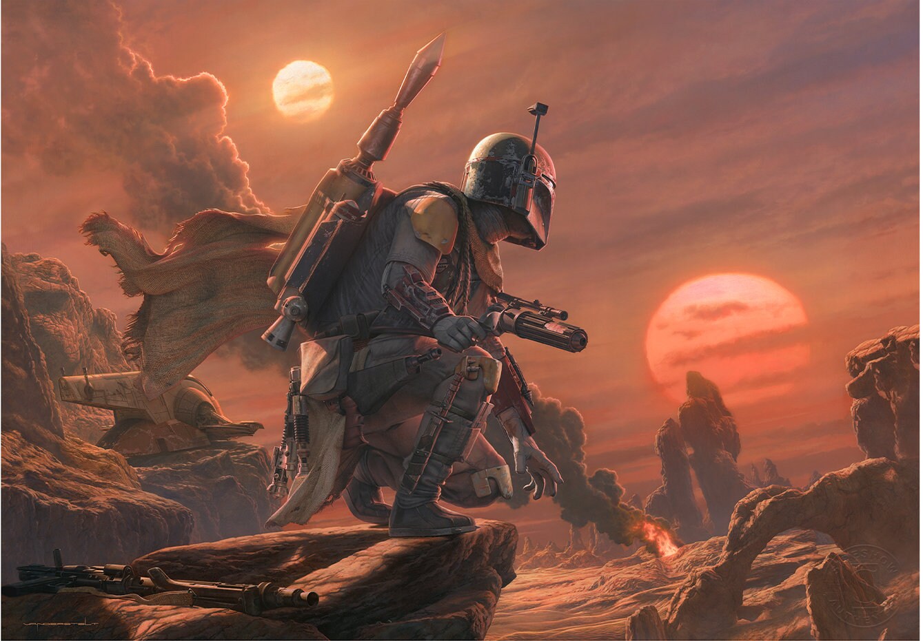 Handmade oil painting on cotton canvas on demand, rolled stretched or framed, Sci Fi - Old Hunter landscape fan art wall art bounty hunter