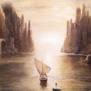 Handgemachtes Ölgemälde auf Baumwoll-Leinwand, gerollt, gespannt oder gerahmt, Fantasy - Elben Boot Stadt Architektur Meer Stadt 2 Wand Kunst
