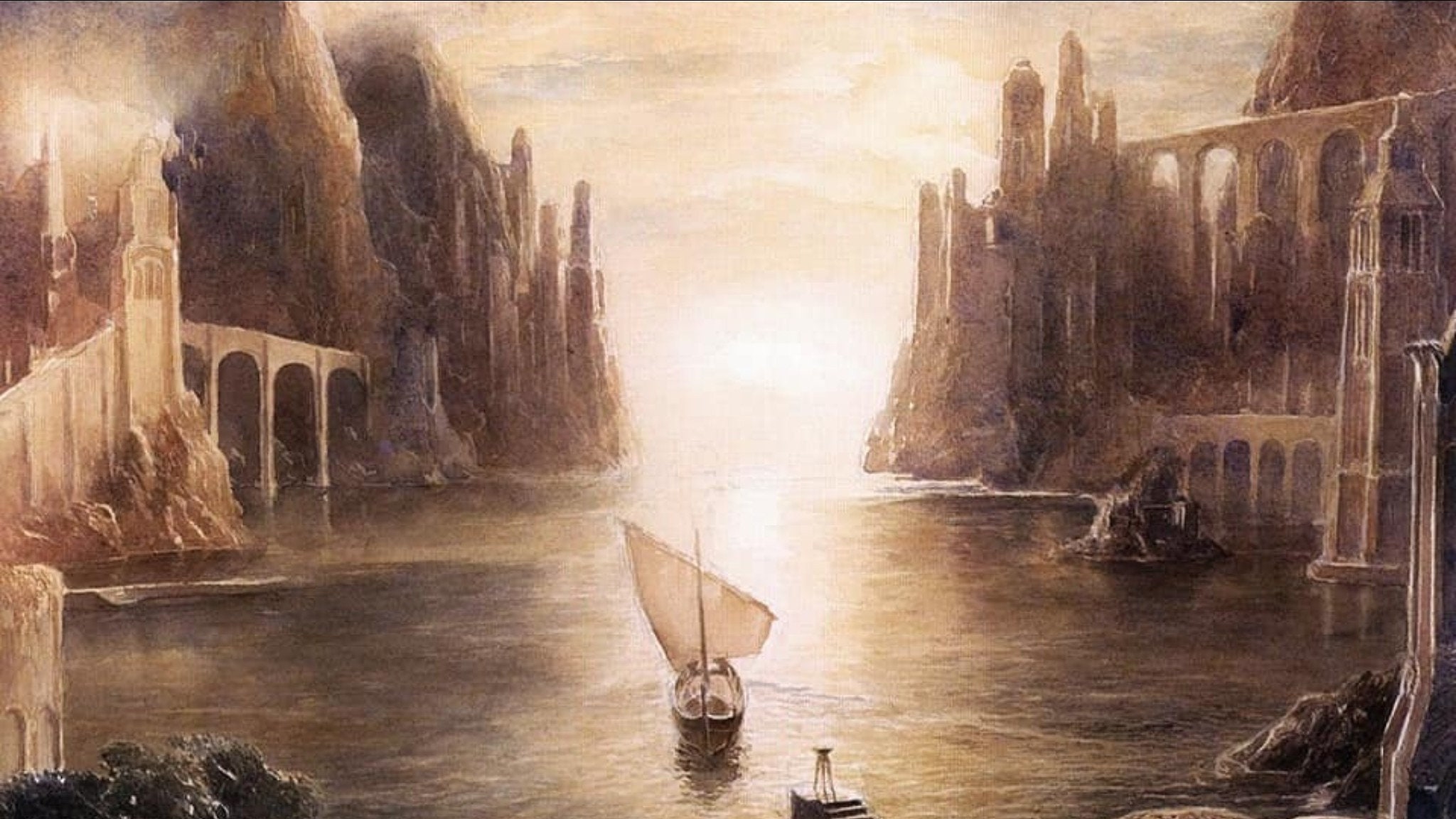 Handmade oil painting on cotton canvas on demand, rolled stretched or framed, Fantasy - Elven boat city architecture sea city 2 wall fan art