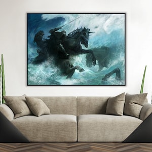 Handmade oil painting on cotton canvas on demand, rolled stretched or framed, Fantasy -Elven lady Black knights riders horse river 3 fan art