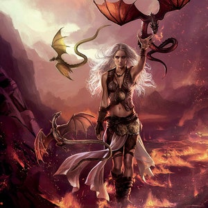 Handmade Daenerys Targaryen Oil Painting with Dragons