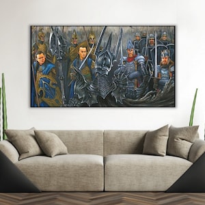 Handmade oil painting on cotton canvas on demand, rolled stretched or framed, Fantasy - Battle between Dark Lord and king men elf fan art