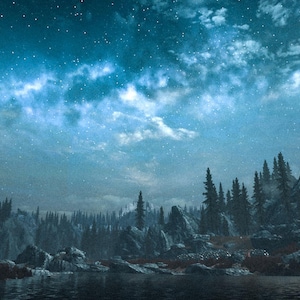 Handmade Skyrim Oil Painting: Night Landscape Fan Art