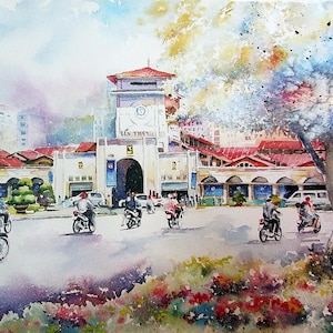 Handmade oil painting on cotton canvas on demand, rolled stretched or framed, Vietnam - saigon 2 Ben Thanh Market wall artwork Ho Chi Minh