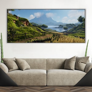 Handmade oil painting on cotton canvas on demand, rolled stretched or framed, Fantasy - Half men village landscape 6 fan art wall art Shire