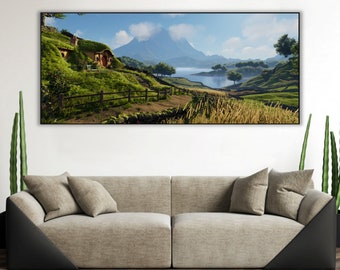 Handmade oil painting on cotton canvas on demand, rolled stretched or framed, Fantasy - Half men village landscape 6 fan art wall art Shire