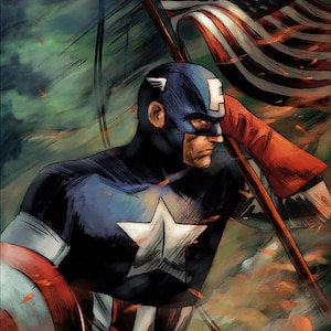 Handmade oil painting on cotton canvas on demand, rolled stretched or framed, Marvel-Captain America with flag fan art Steve Rogers portrait