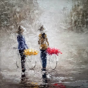 Handmade oil painting on cotton canvas on demand, rolled stretched or framed, Vietnam - Vietnamese ladies flowers rain wall artwork rainy