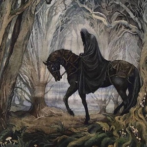 Handmade oil painting on cotton canvas on demand, rolled stretched or framed, Fantasy - Black knight rider on horse in forest fan wall art