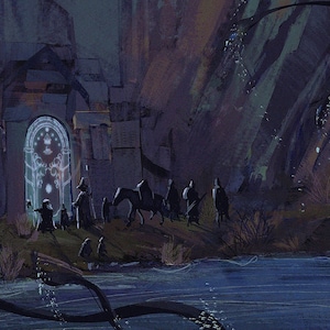 Handgemachtes Ölgemälde auf Leinwand (100% Baumwolle), gewalzt aufgespannt oder gerahmt, Fantasy-Menschengruppe vor Zwerg Minen 2 Fanart