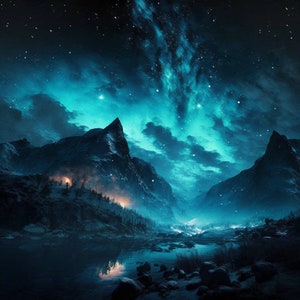 Handmade Skyrim Oil Painting: Night Landscape Fan Art on Canvas