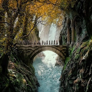 Handmade oil painting on cotton canvas on demand, rolled stretched or framed, Fantasy - Group of people at elven city fan art wall artwork