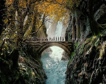 Handmade oil painting on cotton canvas on demand, rolled stretched or framed, Fantasy - Group of people at elven city fan art wall artwork