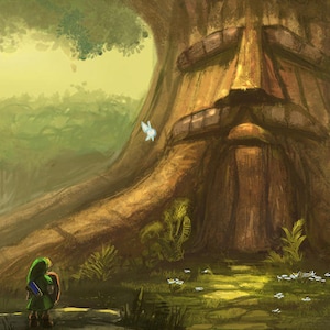 Pintura al óleo hecha a mano sobre lienzo de algodón bajo demanda, enrollada, estirada o enmarcada, Videojuegos - Zelda Great Deku Tree 5 obra de arte de pared fan art