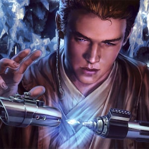 Handmade oil painting on cotton canvas on demand, rolled stretched or framed, Sci Fi - Young Anakin Skywalker using Force build lightsaber