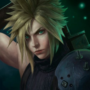 Handmade oil painting on cotton canvas on demand, rolled stretched or framed, Video Games - Final Fantasy Cloud Strife 1 fan art wall art