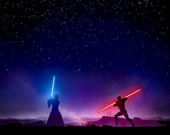 Handmade oil painting on cotton canvas on demand, rolled stretched or framed, Sci Fi -Master light saber and red evil master fight on desert