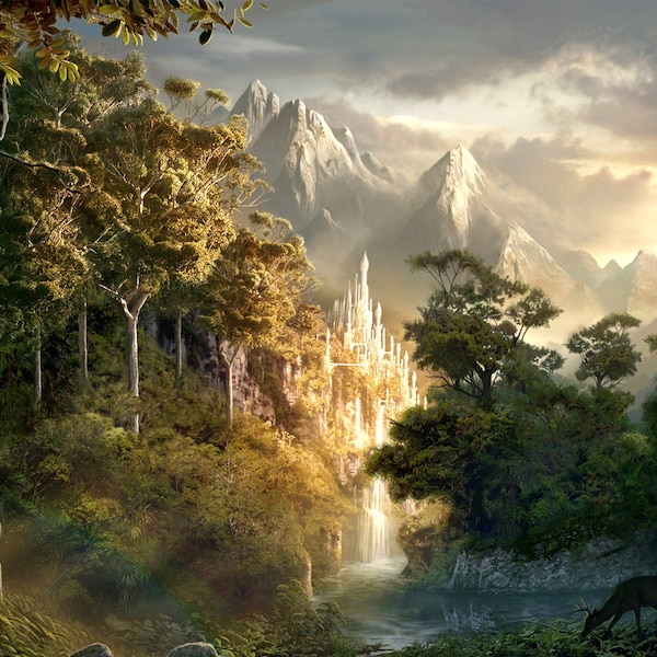 Handmade oil painting on cotton canvas on demand, rolled stretched or framed, Fantasy-Elven city beautiful landscape 17 fan art wall artwork