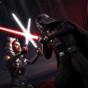 Handmade oil painting on cotton canvas on demand, rolled stretched or framed, Sci Fi-Evil Master VS Orange girl 2 fan art wall art jedi sith