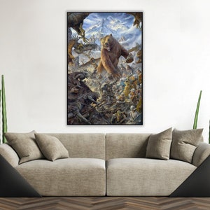 Handmade oil painting on cotton canvas on demand, rolled stretched or framed, Fantasy - Big Battle of Armies bear man 1 wall artwork fan art