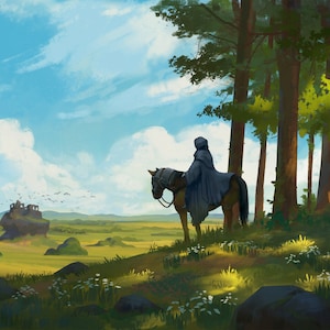 Handmade oil painting on cotton canvas on demand, rolled stretched or framed, Fantasy - black knight riders on horse beautiful landscape art