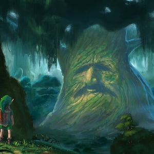 Pintura al óleo hecha a mano sobre lienzo de algodón bajo demanda, enrollada estirada o enmarcada, Videojuegos - Zelda Great Deku Tree 2 arte mural fan art