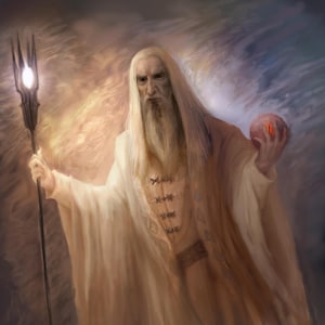 Handmade oil painting on cotton canvas on demand, rolled stretched or framed, Fantasy - Saruman with staff and Palantir portrait 1 fan art