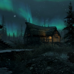 Handmade Skyrim Oil Painting: Night Landscape Fan Art