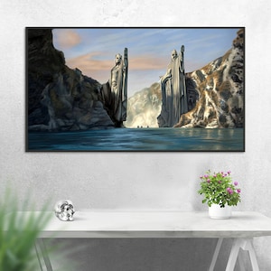 Handmade oil painting on cotton canvas on demand, rolled stretched or framed, Fantasy-Half-Men navigate through Argonath 10 fanart wall art