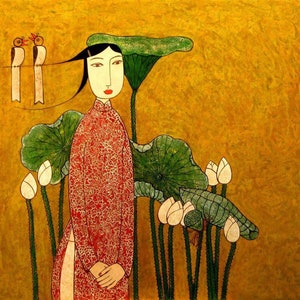 Handmade oil painting on cotton canvas on demand, rolled stretched or framed, Vietnam-Abstract Vietnamese Lady in Traditional Dress Ao Dai 6