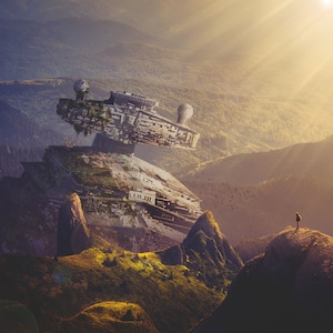 Handmade oil painting on cotton canvas on demand, rolled stretched or framed, Sci Fi-Starship destroy wreck beautiful landscape fan art wall